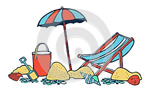 Beach scene. Parasol with lounger on the sand. Vector color cartoon hand drawn illustration