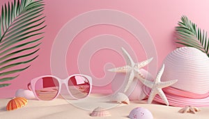 A beach scene with pink walls and pink hats, sunglasses, and starfish by AI generated image