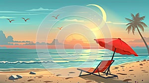 A beach scene with a red umbrella and chair under the moon, AI