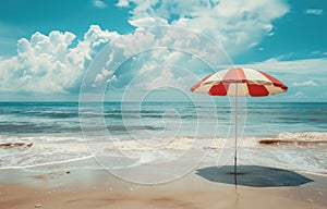 a beach scene with a red and white striped umbrella