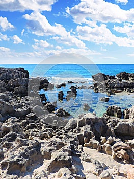 Beach scene with rocks in the water