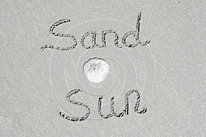 Beach scene of Sand and Sun text with a sand dollar.