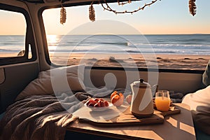 Beach scene seen by camper inside the camper van at sunset. AI generated