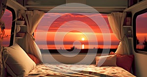 Beach scene seen by camper inside the camper van at sunset. AI generated