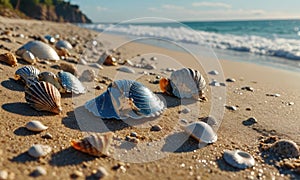 A beach scene with shells and rocks on the sand.