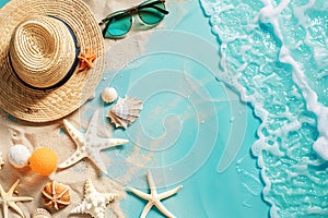 A beach scene with a straw hat, sunglasses and a starfish, top view