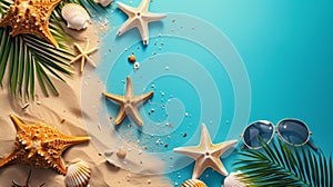 A beach scene with sunglasses and starfish on a blue background, AI