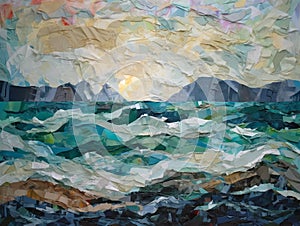 A beach scene with torn paper layers