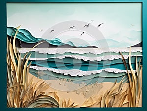 A beach scene with torn paper layers