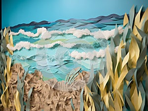 A beach scene with torn paper layers