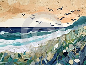 A beach scene with torn paper layers