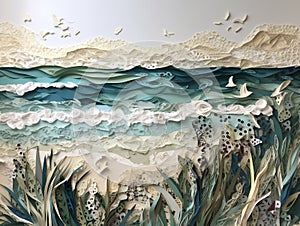 A beach scene with torn paper layers