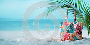 Beach Scene with a Tropical Printed Bag on White Sand under a Palm Tree, Vacation Vibes banner Copy spacy