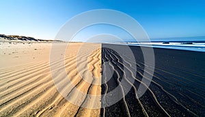 Splitcolored sandy beach with contrasting light brown and dark sand textures under clear blue sky