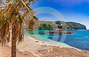 Beach scenery at coast of Camp de Mar on Majorca island, Spain