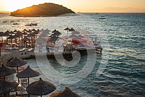 Beach Scenery of Ksamil Beach with its Island during Sunset