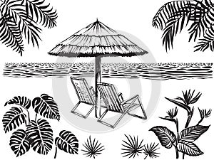 Beach scenery landscape view with tropical leaves. Umbrella and two chairs, vector sketch.