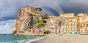 Beach of Scilla with Castello Ruffo, Calabria, Italy