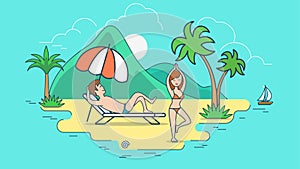 Beach sea couple summer vacation flat linear vecto