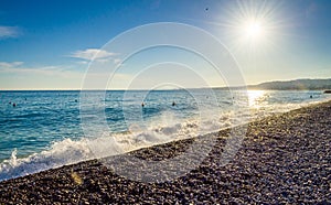 Beach and sea in Nice, Cote d\'Azur, French Riviera, France photo