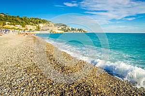 Beach and sea in Nice, Cote d\'Azur, French Riviera, France photo