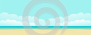 Beach sea panorama landscape vector background or paradise seaside shore resort with wavy ocean, white sand, blue sky and clouds