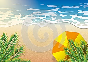 Beach sea in summer, orange umbrella under coconut tree top view