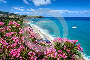 Beach and the sea by Tropea â€“ view from behind the lilac flowe