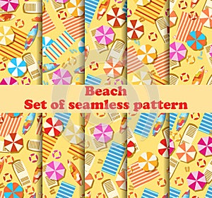 Beach seamless pattern set with Chaise lounge with umbrella, surfboard, flip-flops and bedspreads. Beach vacation. Vector