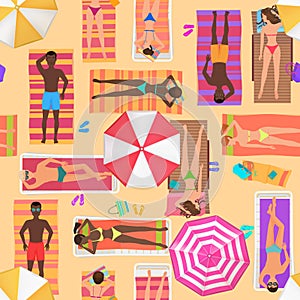 Beach seamless pattern top view. Summer people on a sunny beach. View from above summertime people with Umbrellas