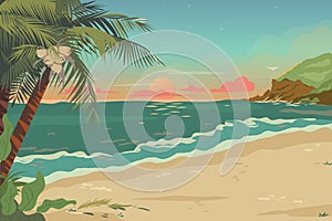 Beach seashore with palms and calm water. Sunrise in ocean, nature sea scenery background. Seascape morning view cartoon