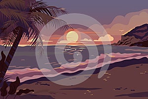 Beach seashore with palms and calm water. Sunset in ocean, nature sea scenery background. Seascape evening view cartoon