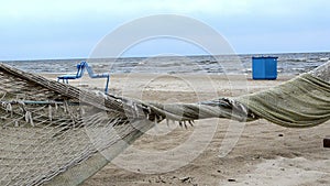 Beach seaside fence made fishing net move wind sea wave