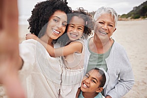 Beach selfie, grandma or mom with happy kids in nature on family holiday vacation taking photograph. Portrait, social