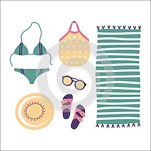 Beach set of clothes and accessories isolated on white