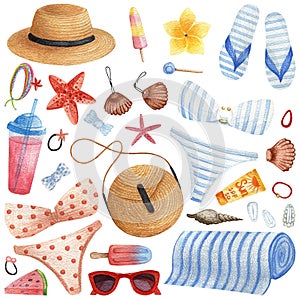 Beach set drawn by watercolor. Cute cartoon pattern. Stylish outfit for a girl on the sea on vacation. Summer postcard