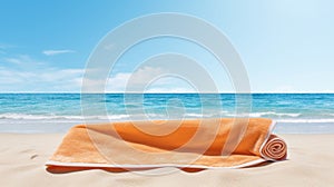 beach setting with a rolled orange towel on sandy shores under a clear blue sky