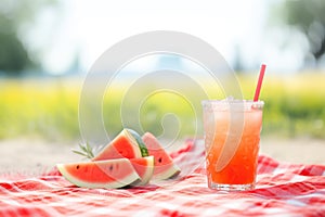 beach setting with a watermelon juice glass on a picnic blanket