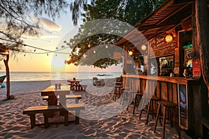 A beach shack bar at sunset, with a few tables on the sand, Ai generated
