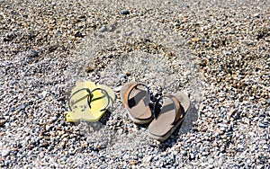 Beach shoes at the edge of the sea on the sandy beach.