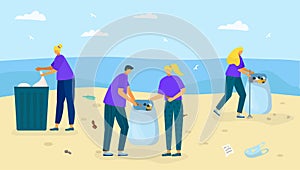 Beach shore with garbage, vector illustration. People character collect waste near ocean, cleaning nature from plastic