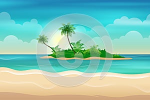 Beach shore line with small island palm trees during daytime