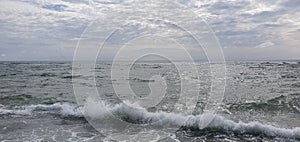 Beach and sky is full of clouds ,sun is also blocked by clouds