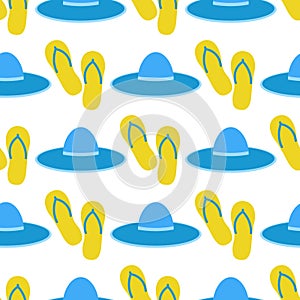 Beach slippers and hat seamless pattern