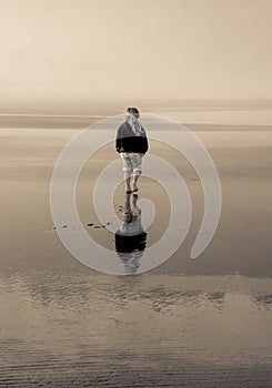 Beach Small Child Stroll Sepia Tone