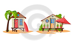 Beach Small House and Bungalow on Piles with Sloping Roof Rested on Sand Vector Set