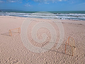 Beach soccer goal . Sandy beach with football gate nobody