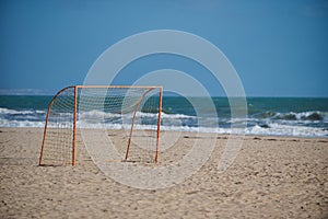 Beach soccer goal . Sandy beach with football gate nobody