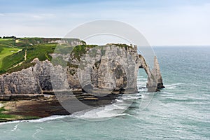 The beach and stone cliffs in Etretat, France