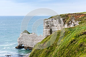 The beach and stone cliffs in Etretat, France